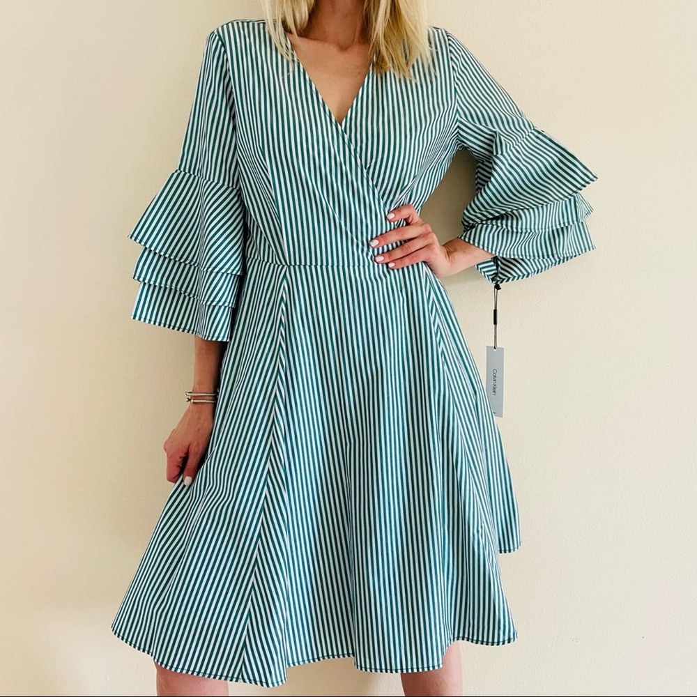 Calvin Klein Teal and White Striped Wrap Midi Dress